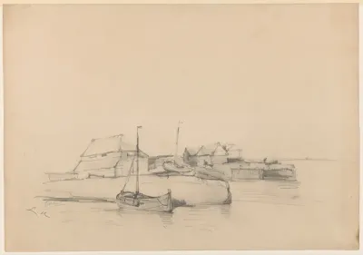 Huizen en twee schepen bij de kust