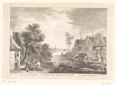 Huizen langs een rivier met links figuren bij een herberg