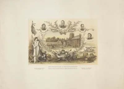 Hulde van Herinnering aan Nederlandschen Moed / Bijzetting der Stoffelijke Overblijfsels van de op den Vijfhoek gesneuveld acht Officieren. Citadel van Antwerpen 1-23 December 1832 / Kerkhof te Ginneken 22 Augustus 1871