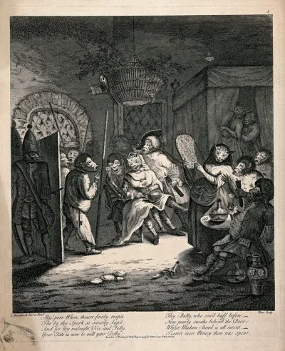 Human figures with the faces of animals are crowded in a room and one figure standing by the open door is addressing the cat woman who is holding a glass