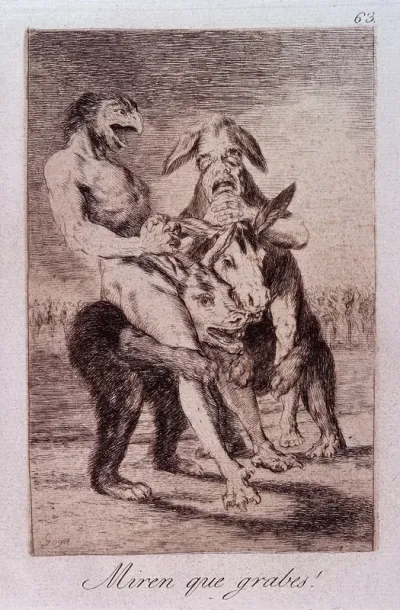 Human figures with the heads of birds and donkeys riding on grotesque beasts