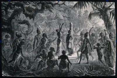 Human sacrifice among the Khonds in India: a victim (meriah) about to be dismembered