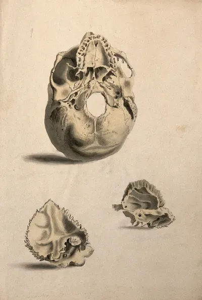 Human skull: three figures showing sections and an entire skull
