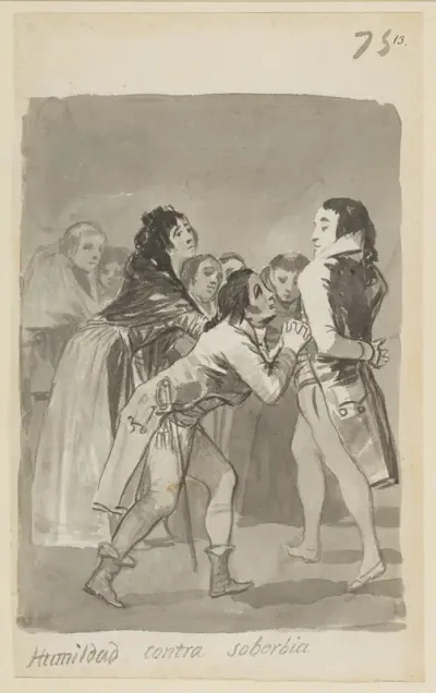 Humility versus Pride; a young man imploring an older man with other figures in front of them; folio 75 (recto) from the Madrid Album "B" — Goya (Francisco de Goya y Lucientes) Kanvas Tablo