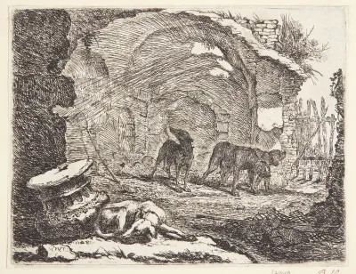 Hunde ved en ruin