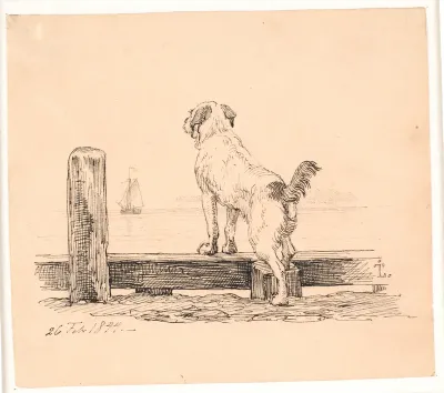 Hunden ved stranden. Illustration til Kaalunds "Fabler for Børn". Se kommentar fra arkkatalog.