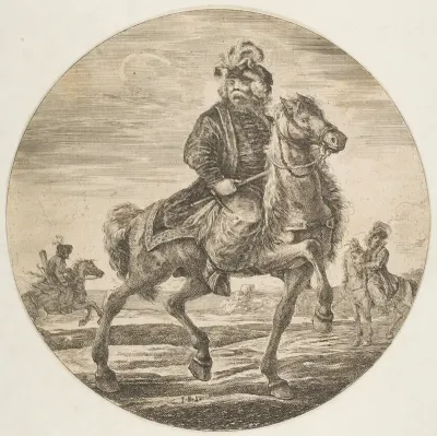 Hungarian horseman riding towards the right, other horsemen in the background, a circular composition from "Figures on Horseback (Cavaliers nègres, polonais et hongrois)