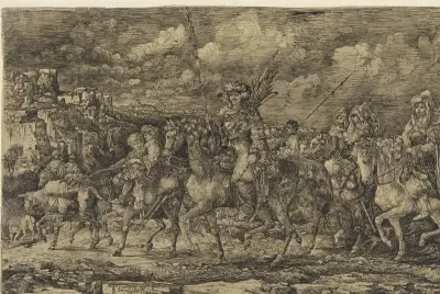 Hunnenkoning met zijn vrouwen omgeven door dienaren en vee, door een landschap rijdend