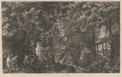Hunters in a Forest near a Wooden Bridge