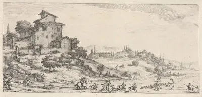 Hunters on horses and on foot, with hounds pursuing a stag, and two buildings in a hilly landscape, from "Italian landscapes" (Diverse vedute designate in Fiorenza / Paysages italiens)
