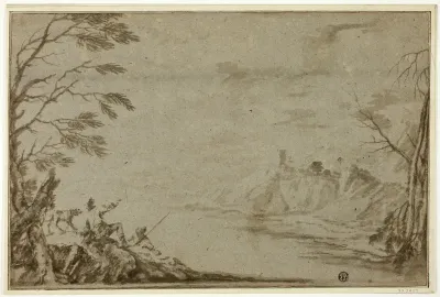 Hunters with Dog Beside River