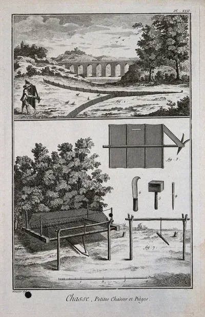 Hunting: a man stalking partridges (?) (top), a trap for catching ground-feeding birds