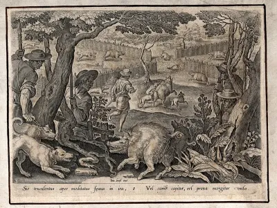 Hunting: dogs baiting a boar in the foreground, while other wild boar scatter through wicker pens or dive into a muddy pond, driven by fear