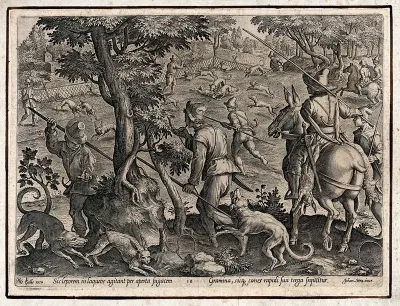 Hunting: dogs chase hares towards pens while hunters on horseback look on