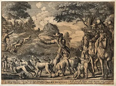 Hunting dogs chasing a hare up a narrow path, urged on by their keepers and mounted huntsmen