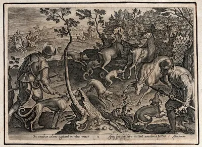 Hunting: dogs scare the deer into nets, while a hunter throws his spear into the antlers of a stag
