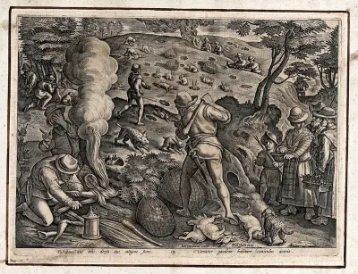 Hunting: hunters smoking rabbits out of their burrows, beating the ground with clubs, and closing ranks to catch rabbits
