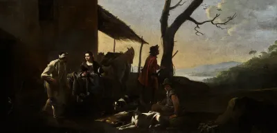 Hunting party resting by an inn