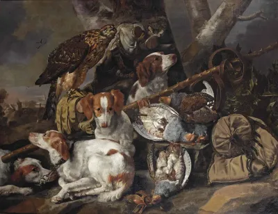 Hunting still life of partridges with four Springer spaniels, a hawk, a game-bag and belt and other hunting gear in a landscape