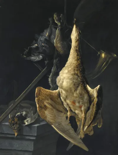 Hunting still life with a goose, a hare, a hunting horn, a shotgun and other game