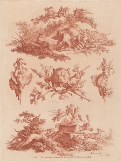 Hunting Trophies and Vignettes with Dogs Chasing a Boar and a Stag