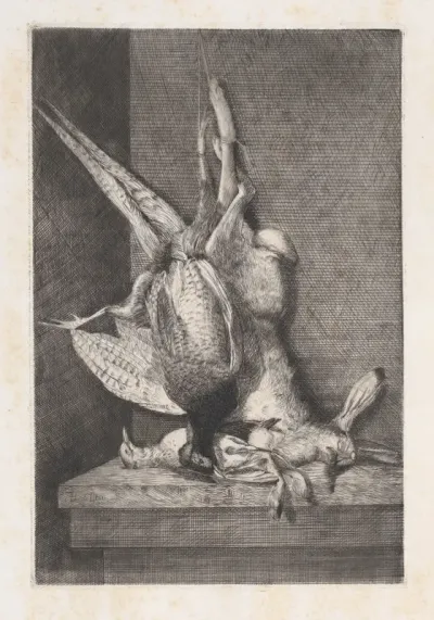 Hunting trophy with game birds and rabbit, from "L'Artiste"