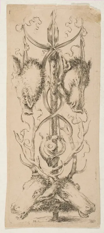 Hunting Trophy with Stag Heads Below