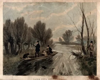 Hunting waterfowl on a river in January: two men and their dogs are shown in a punt, while another man stands on the riverbank, holding a rifle