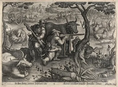 Huntsmen hiding behind cattle and horse carts to avoid being seen by the deer they are aiming at