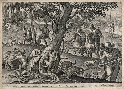 Huntsmen killing polecats by spearing them with long pikes on the trees or by setting the dogs on them