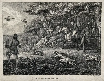 Huntsmen opening gates to release dogs to chase after fowl