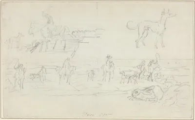 Huntsmen with Hounds and a Crouching Hare [recto]