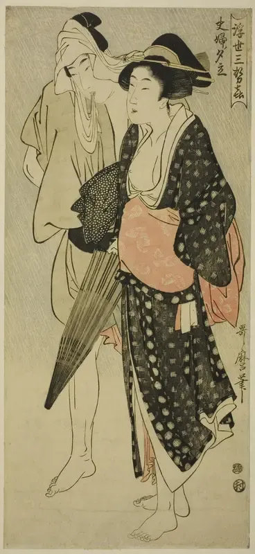 Husband and Wife Caught in an Evening Shower (Fufu no Yudachi), from the series "Three Evening Pleasures of the Floating World" ("Ukiyo San Seki")