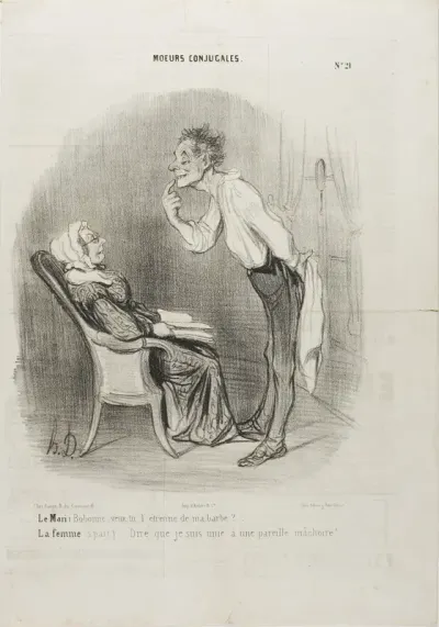 Husband: “My dear, how about a first kiss on my chin?” The wife (aside): “To think that I am married to this face!,” plate 21 from Moeurs Conjugalesa