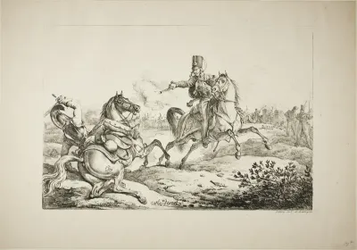 Hussar Discharging his Pistol at a German Dragoon