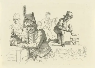 Huzaar met glas en fles aan een tafel, een schoenpoetser en figuren