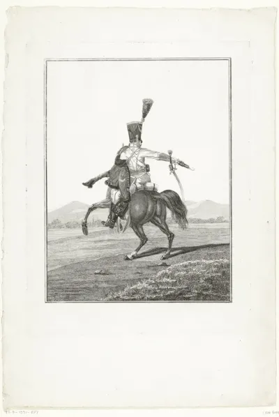 Huzaar te paard, een charge uitvoerend, met een pistool in zijn hand