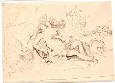 Hvilende Venusfigur, omgivet af seks putti, der leger med sværd, pil og hjerte
