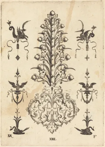 Hyacinth-Shaped Brooch with Winged Animals  at Top and Crouching Swans at Bottom