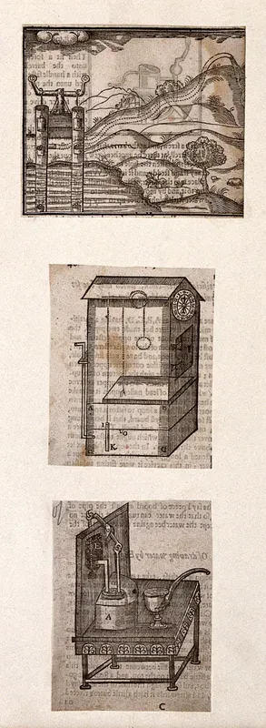 Hydraulics: three devices, including a pump, a clock, and a drinking fountain
