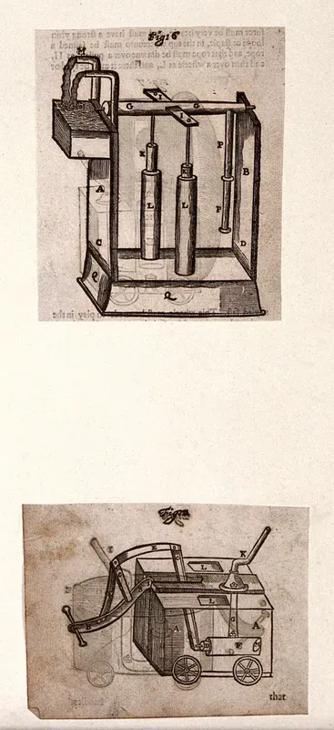 Hydraulics: two devices, a pump (top), and a wheeled vehicle (below)