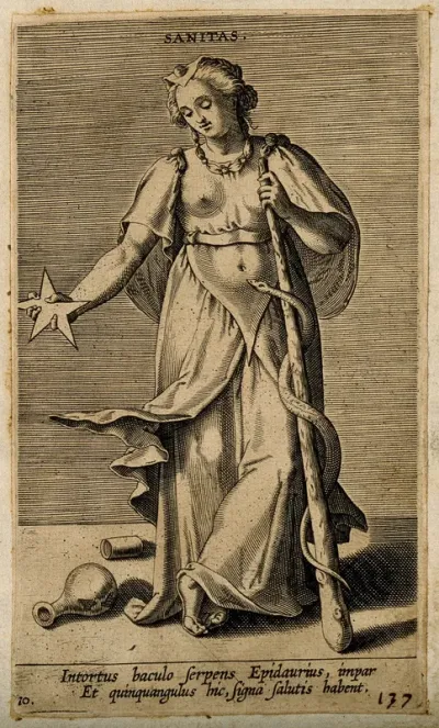 Hygieia, goddess of health, holding a pentacle and a staff encircled by a snake