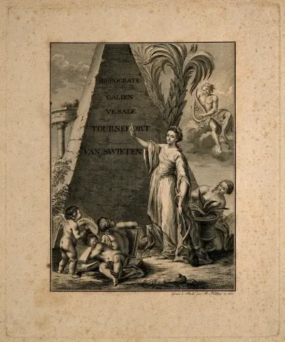 Hygieia stands before a pyramid engraved with the names of famous figures in the history of medicine
