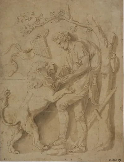 Hyrde fjerner en torn fra en løves pote. Studie til et af stuccoreliefferne i Giardino della Grotta, Palazzo Tè, Mantua