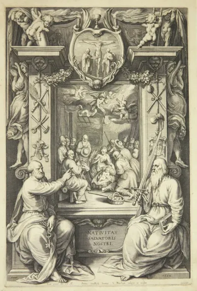 Hyrdernes tilbedelse med Peter og Paulus i en allegorisk ramme
