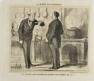 “- I actually thought a crocodile soup would taste better than that,” plate 7 from La Sopciété D'acclimatation