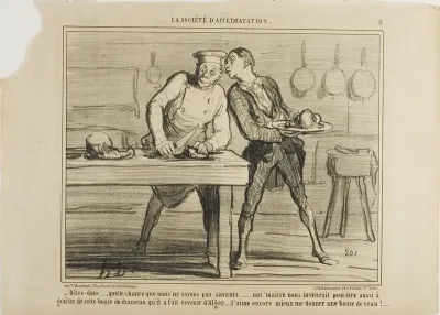 “- I am glad that we are not scientists, otherwise Monsieur would also invite us to taste this camel hump he ordered from Algeria… I'd rather enjoy a meal of veal hump!,” plate 8 from La Sopciété D'acclimatation