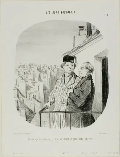 “I am living a little high up... but at least I am enjoying a beautiful view,” plate 8 from Les Bons Bourgeois