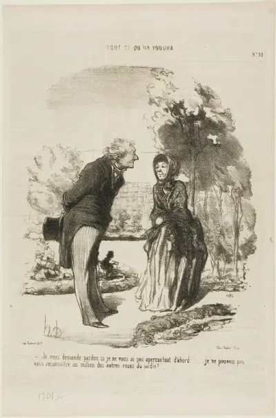 “- I am sorry that I did not recognize you right away. I could not distinguish you from all the other roses!,” plate 55 from Tout Ce Qu'on Voudra