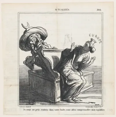 I beg you, get back into your box. You are going to endanger my equilibrium, from 'News of the day,' published in Le Charivari, January 13, 1869